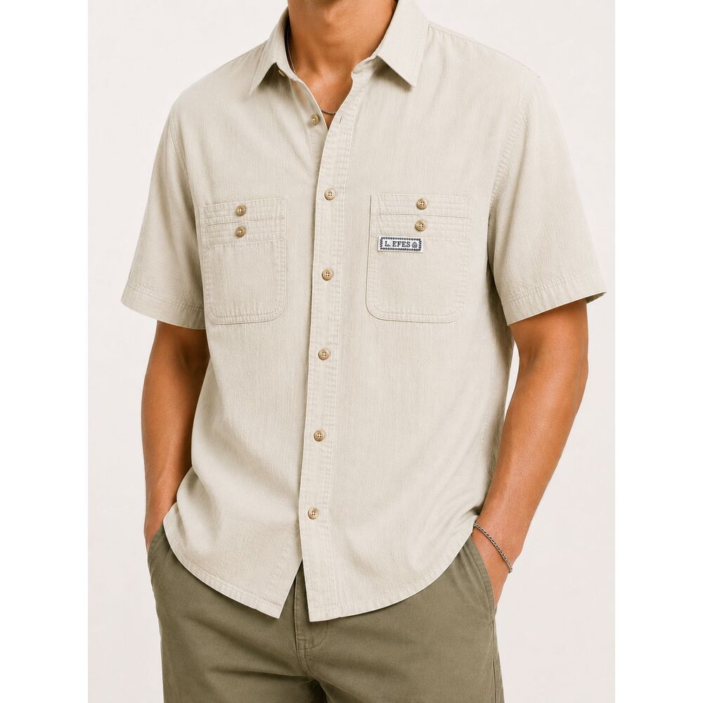 Lider Efes Men's Beige 100% Cotton Safari Utility Button Up Shirt Size L